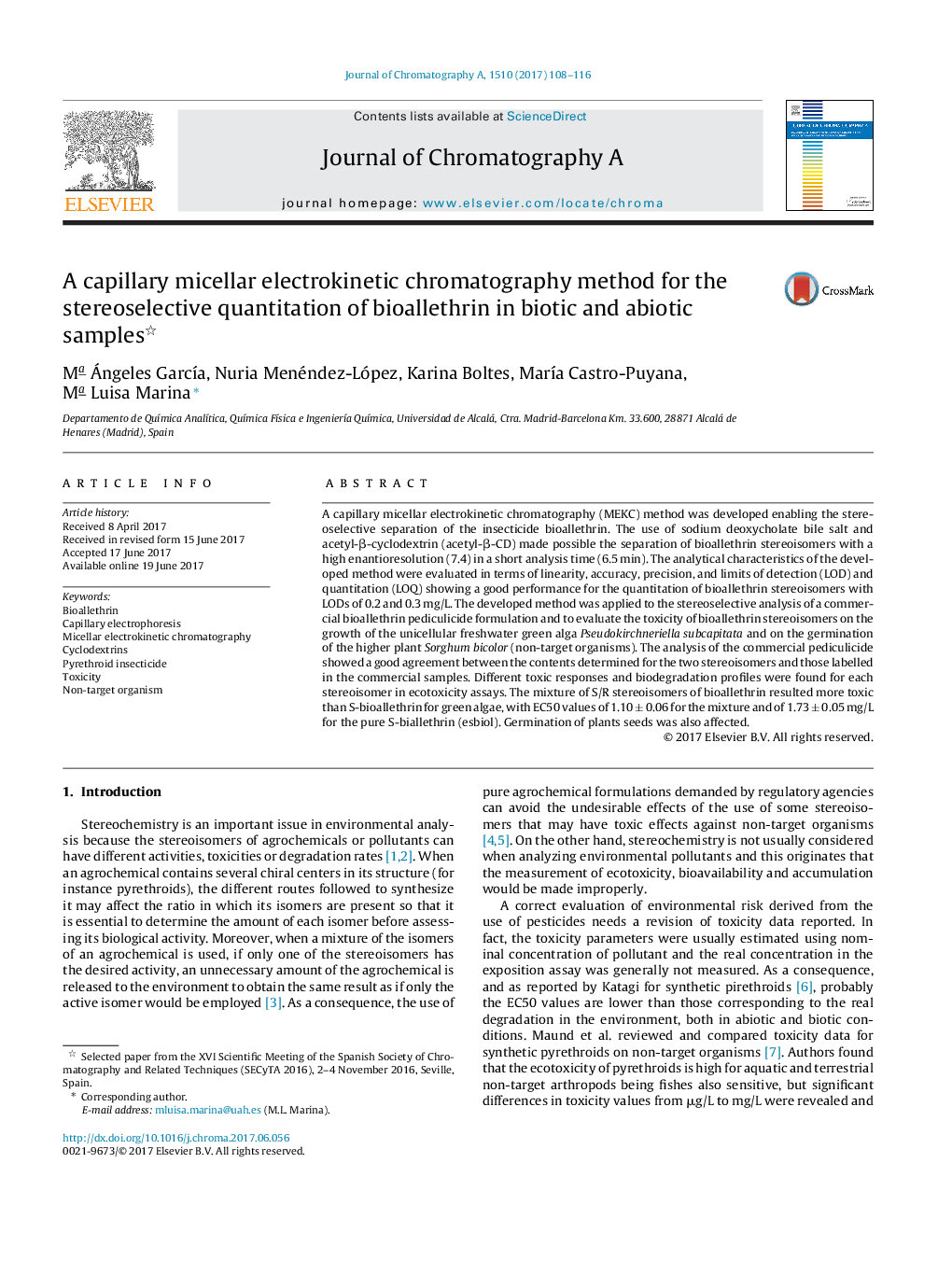 A capillary micellar electrokinetic chromatography method for the stereoselective quantitation of bioallethrin in biotic and abiotic samples