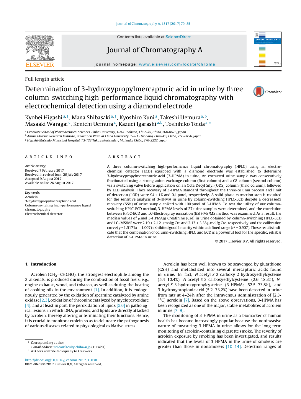 Determination of 3-hydroxypropylmercapturic acid in urine by three column-switching high-performance liquid chromatography with electrochemical detection using a diamond electrode