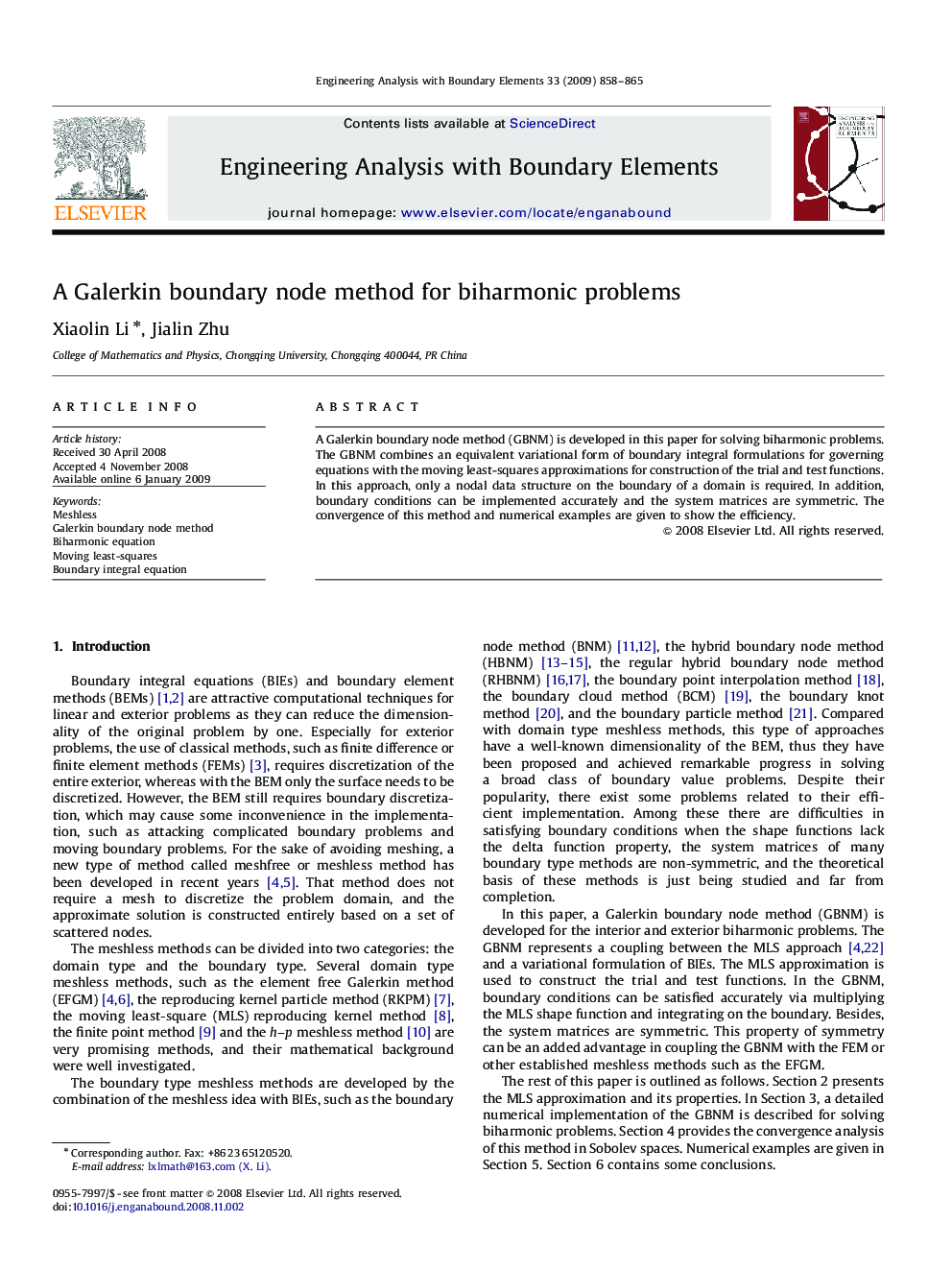 A Galerkin boundary node method for biharmonic problems