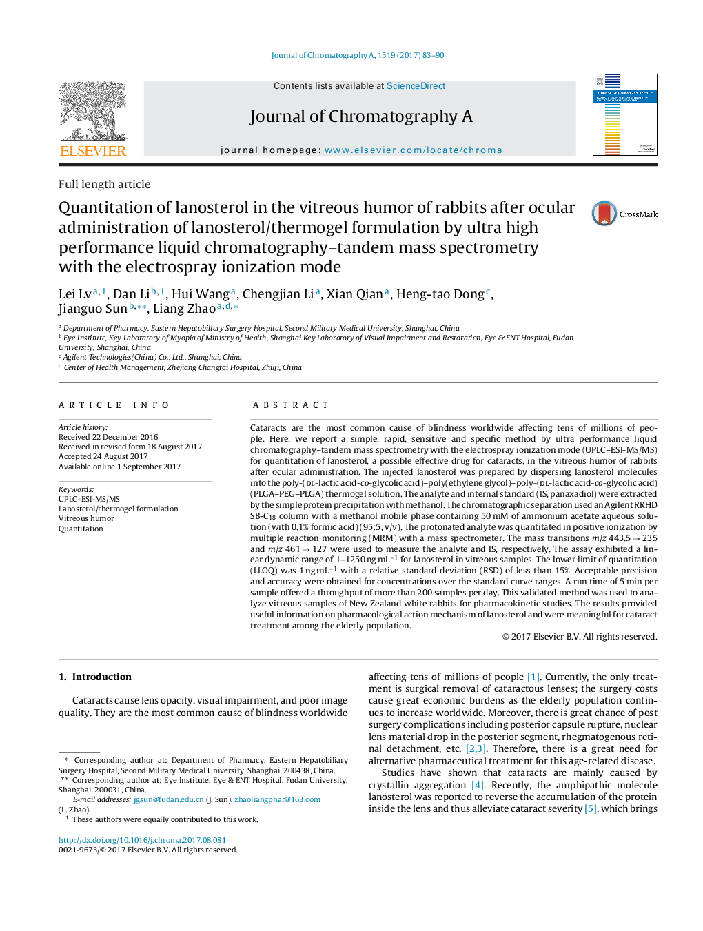 Quantitation of lanosterol in the vitreous humor of rabbits after ocular administration of lanosterol/thermogel formulation by ultra high performance liquid chromatography-tandem mass spectrometry with the electrospray ionization mode