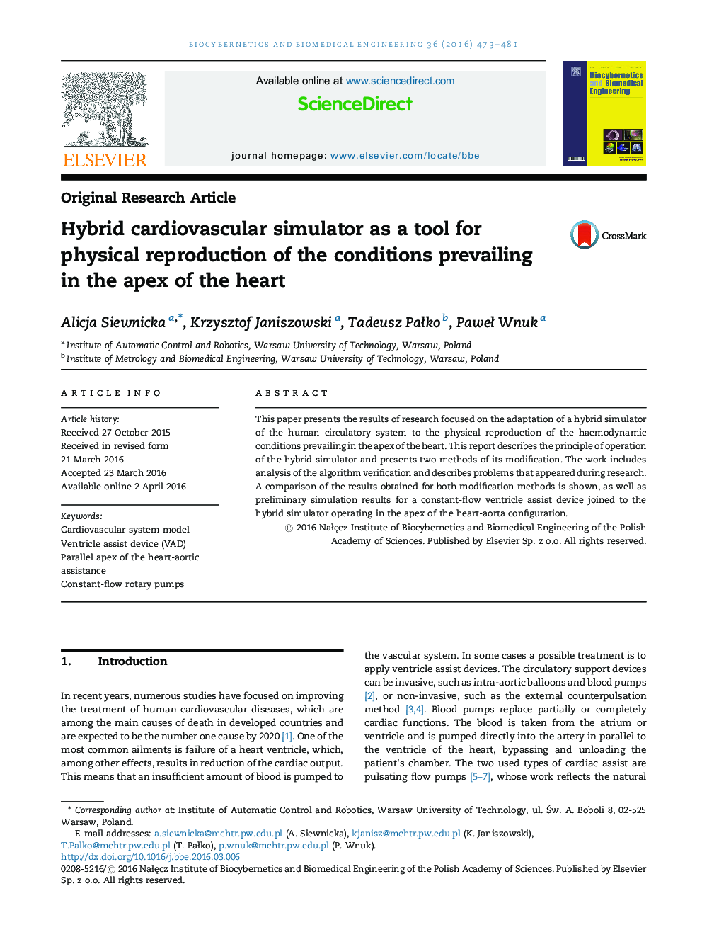 Hybrid cardiovascular simulator as a tool for physical reproduction of the conditions prevailing in the apex of the heart