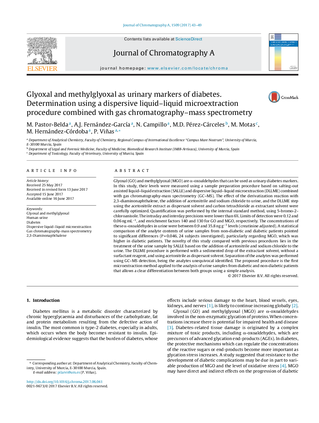 Glyoxal and methylglyoxal as urinary markers of diabetes. Determination using a dispersive liquid-liquid microextraction procedure combined with gas chromatography-mass spectrometry