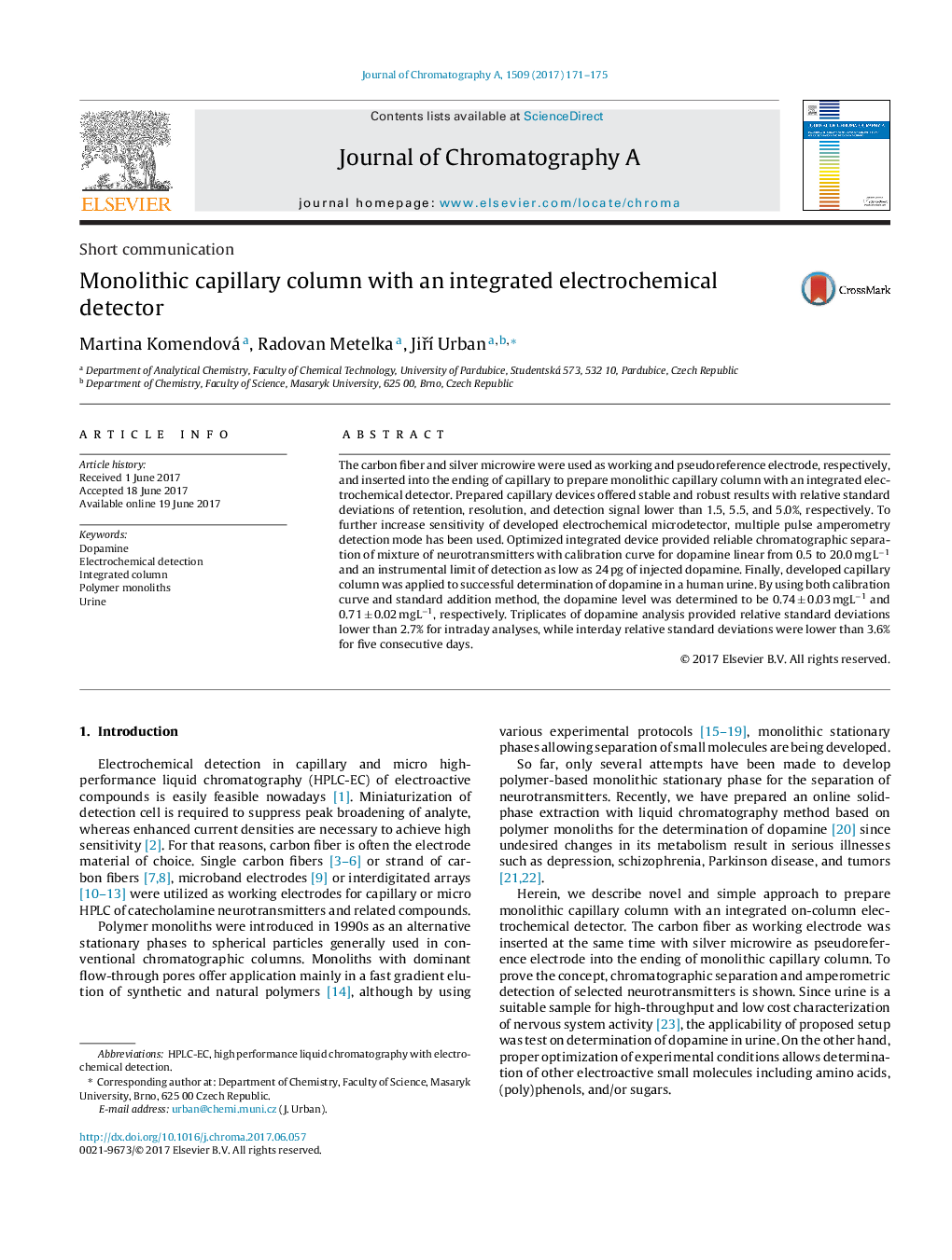 Monolithic capillary column with an integrated electrochemical detector