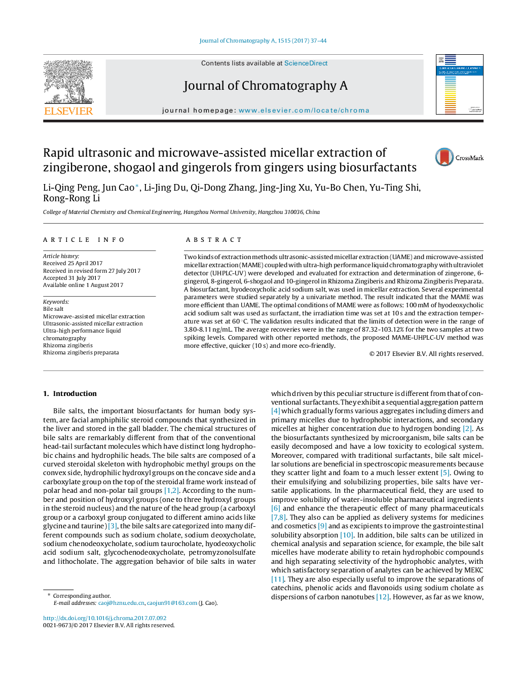 Rapid ultrasonic and microwave-assisted micellar extraction of zingiberone, shogaol and gingerols from gingers using biosurfactants