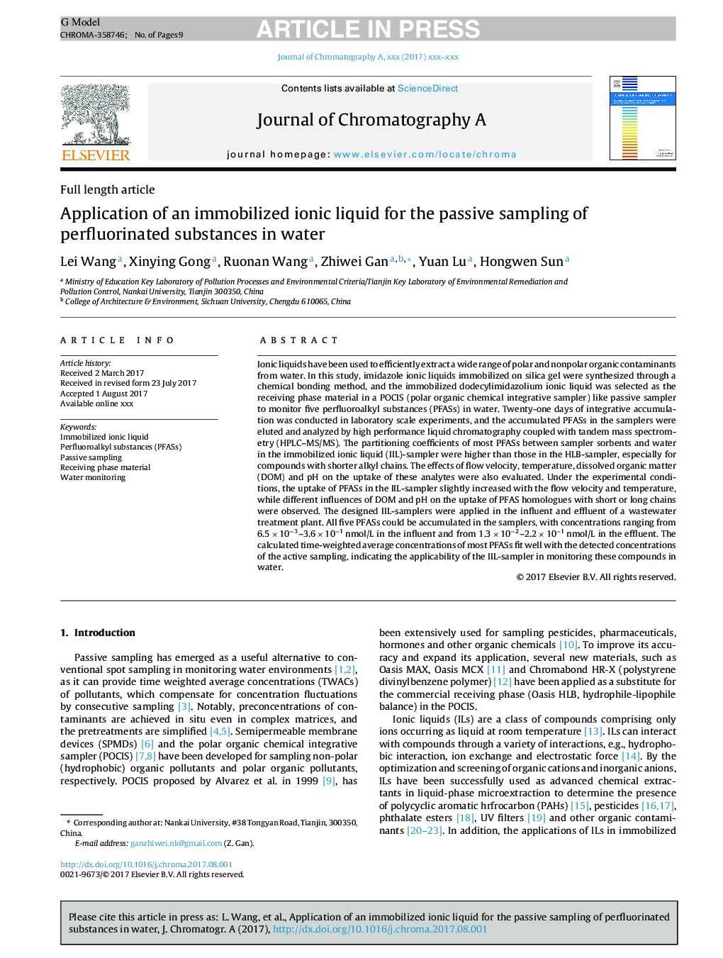 Application of an immobilized ionic liquid for the passive sampling of perfluorinated substances in water