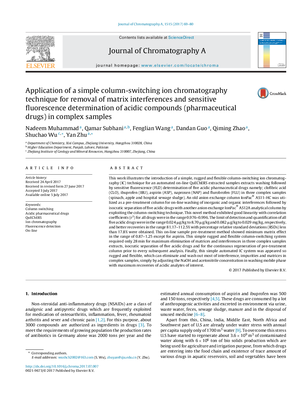 Application of a simple column-switching ion chromatography technique for removal of matrix interferences and sensitive fluorescence determination of acidic compounds (pharmaceutical drugs) in complex samples