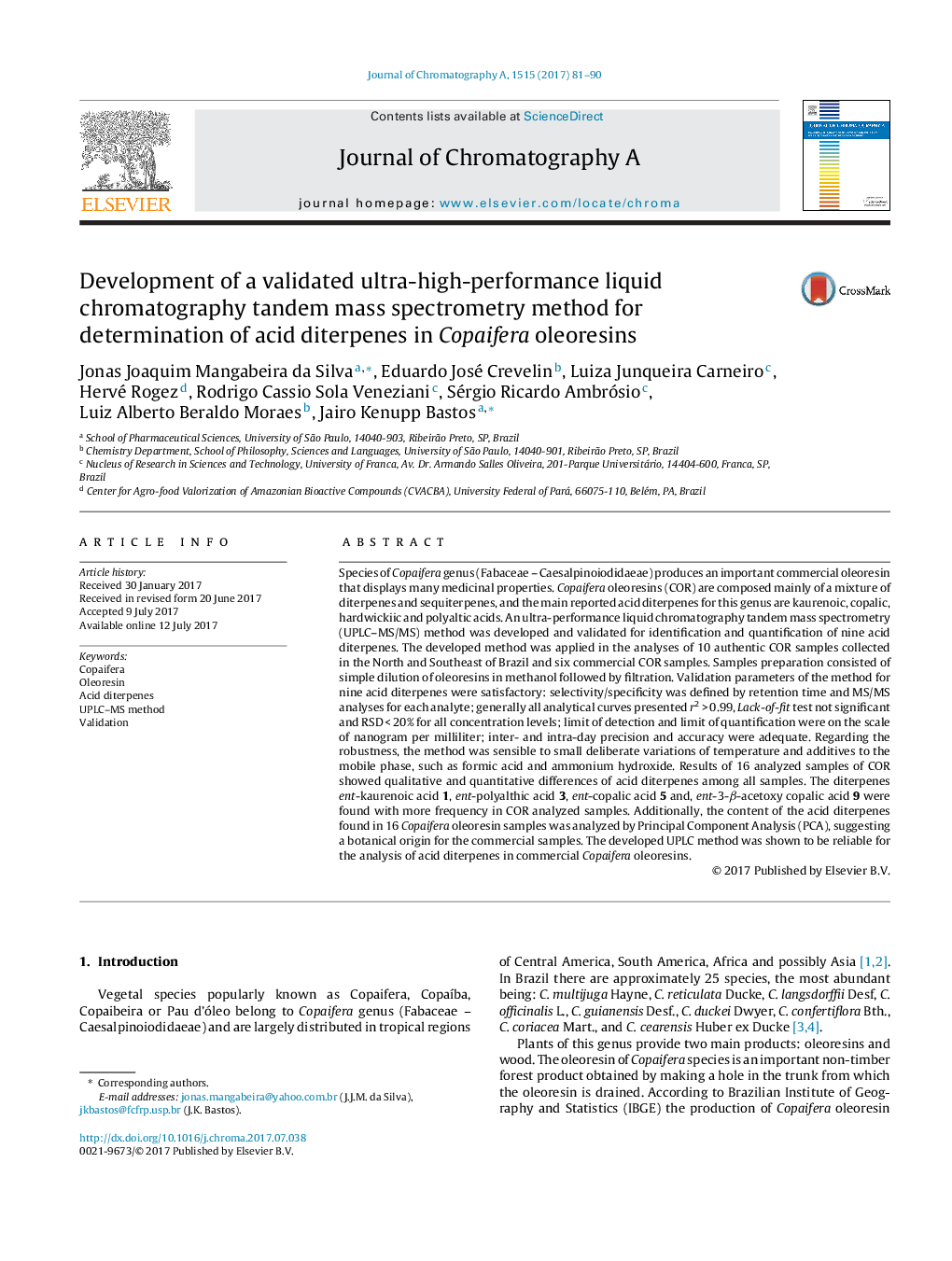 Development of a validated ultra-high-performance liquid chromatography tandem mass spectrometry method for determination of acid diterpenes in Copaifera oleoresins