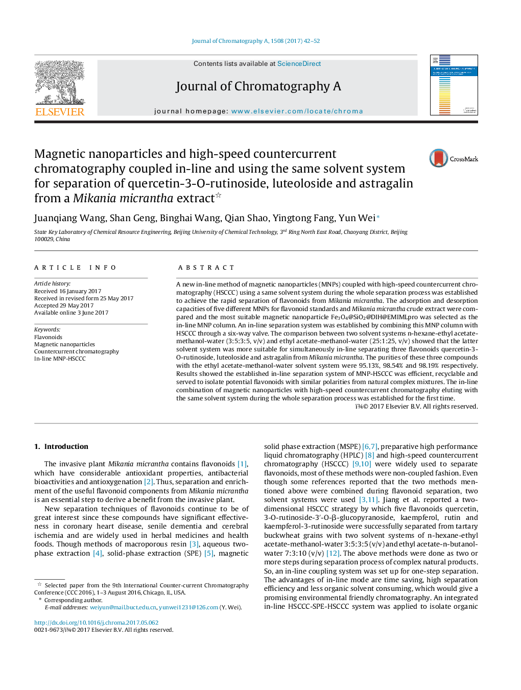 Magnetic nanoparticles and high-speed countercurrent chromatography coupled in-line and using the same solvent system for separation of quercetin-3-O-rutinoside, luteoloside and astragalin from a Mikania micrantha extract