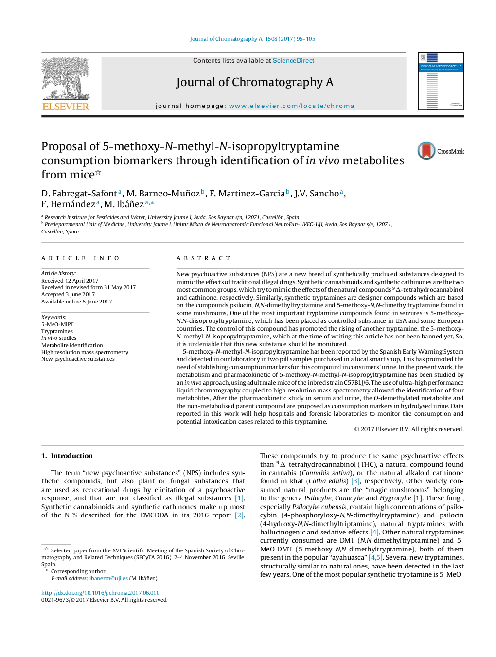 عکس صفحه اول مقاله: Proposal of 5-methoxy-N-methyl-N-isopropyltryptamine consumption biomarkers through identification of in vivo metabolites from mice Proposal of 5-methoxy-N-methyl-N-isopropyltryptamine consumption biomarkers through identification of in vivo metabolites from mice