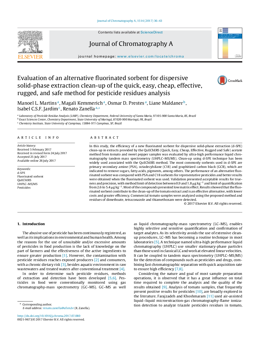 Evaluation of an alternative fluorinated sorbent for dispersive solid-phase extraction clean-up of the quick, easy, cheap, effective, rugged, and safe method for pesticide residues analysis