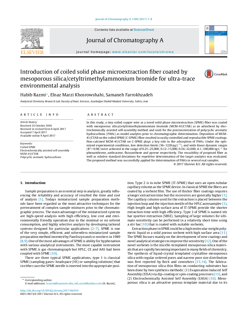 Introduction of coiled solid phase microextraction fiber coated by mesoporous silica/cetyltrimethylammonium bromide for ultra-trace environmental analysis