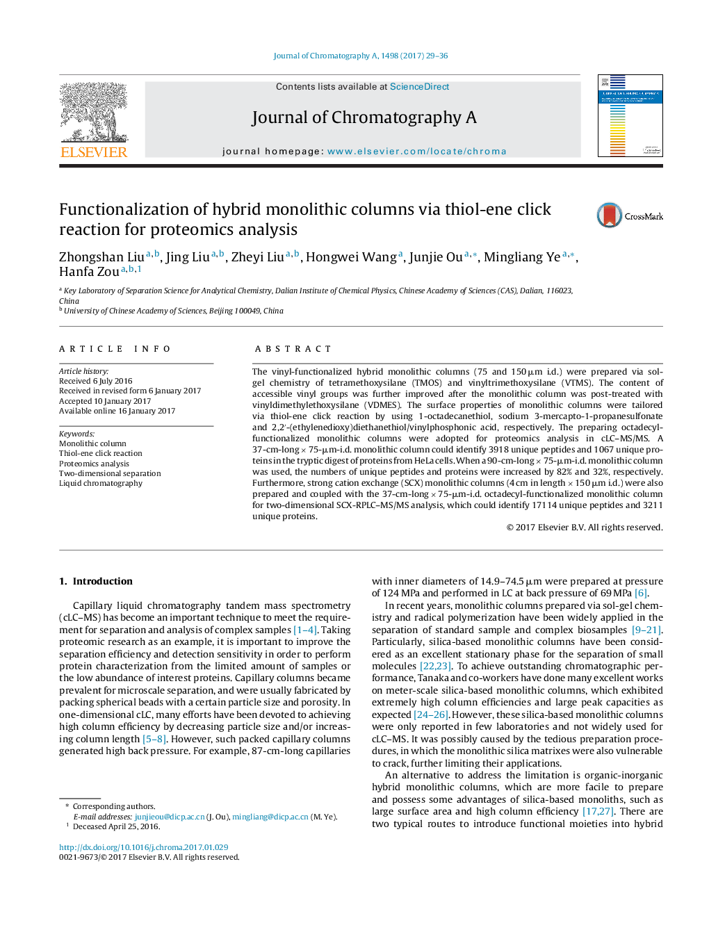 Functionalization of hybrid monolithic columns via thiol-ene click reaction for proteomics analysis