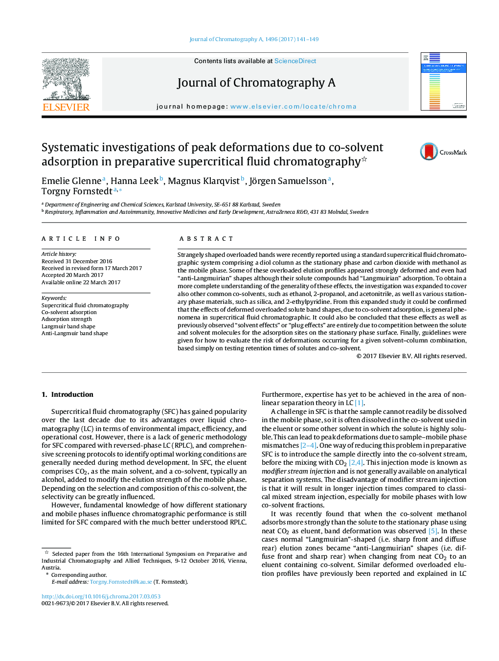 Systematic investigations of peak deformations due to co-solvent adsorption in preparative supercritical fluid chromatography