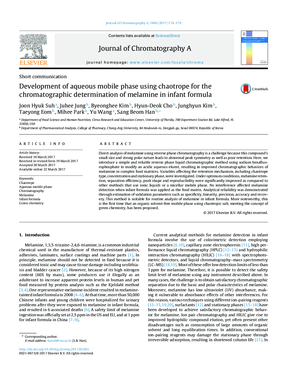Short communicationDevelopment of aqueous mobile phase using chaotrope for the chromatographic determination of melamine in infant formula
