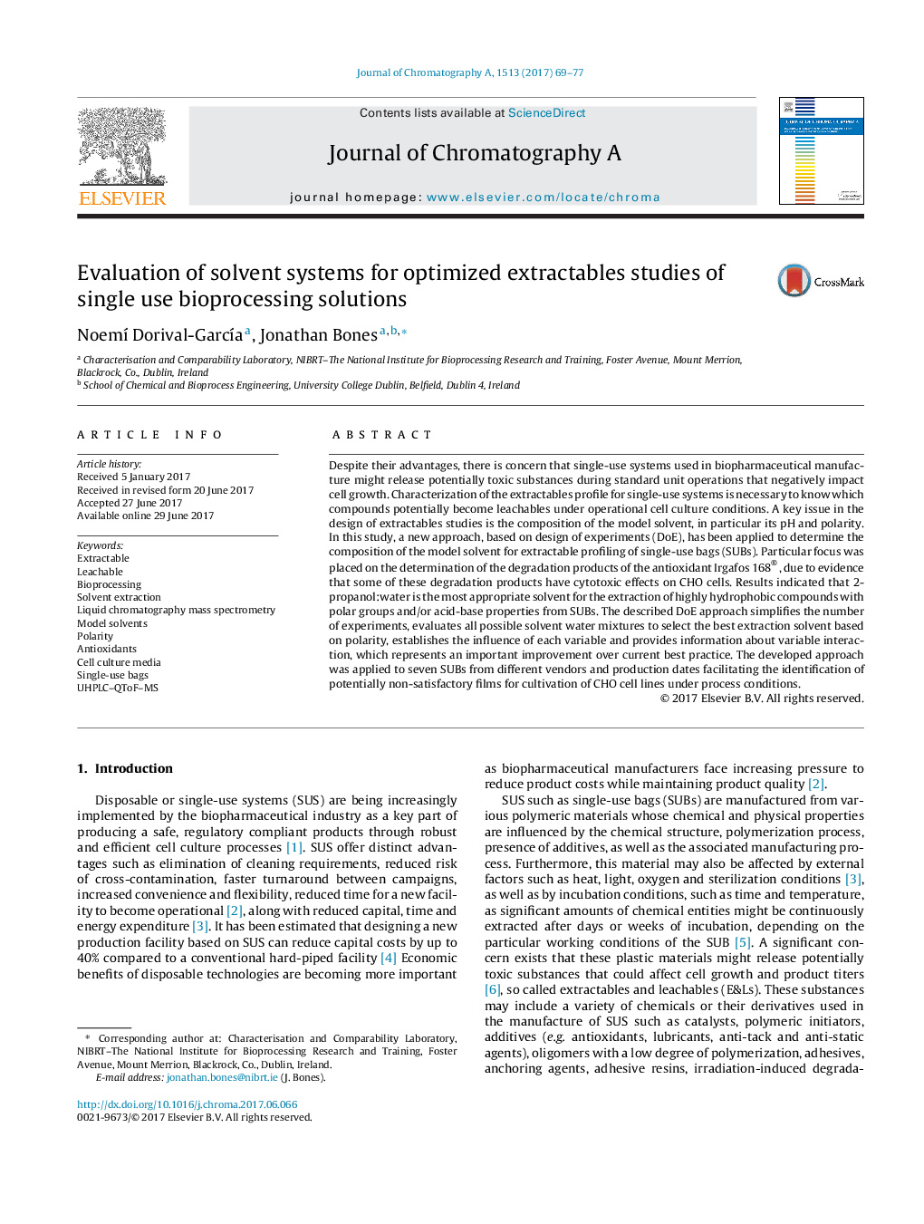 Evaluation of solvent systems for optimized extractables studies of single use bioprocessing solutions