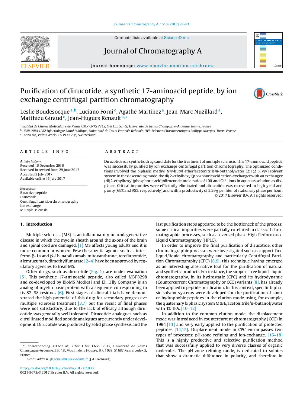 Purification of dirucotide, a synthetic 17-aminoacid peptide, by ion exchange centrifugal partition chromatography