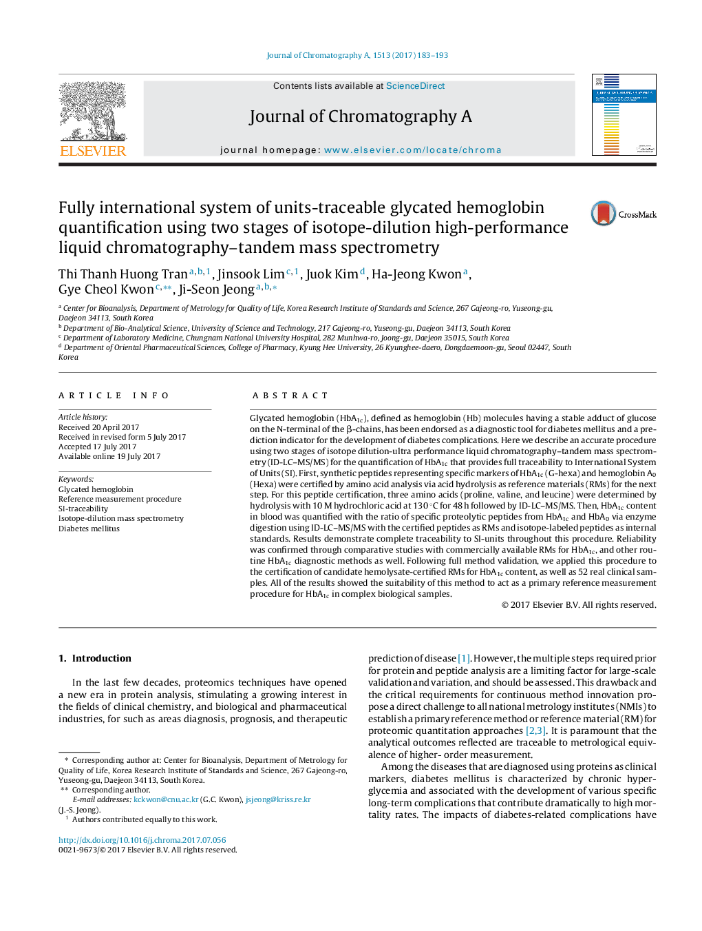 Fully international system of units-traceable glycated hemoglobin quantification using two stages of isotope-dilution high-performance liquid chromatography-tandem mass spectrometry