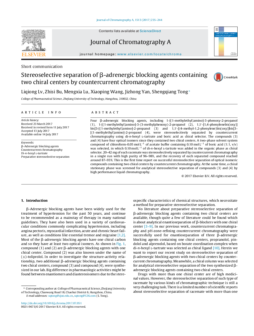 Stereoselective separation of Î²-adrenergic blocking agents containing two chiral centers by countercurrent chromatography