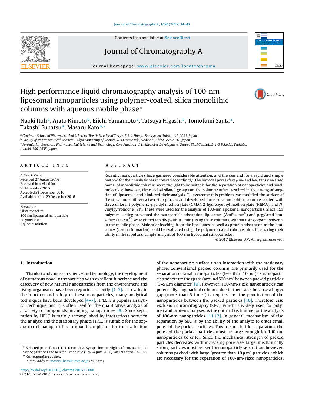 High performance liquid chromatography analysis of 100-nm liposomal nanoparticles using polymer-coated, silica monolithic columns with aqueous mobile phase