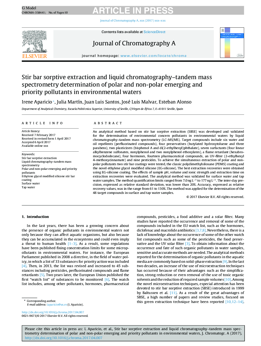 Stir bar sorptive extraction and liquid chromatography-tandem mass spectrometry determination of polar and non-polar emerging and priority pollutants in environmental waters