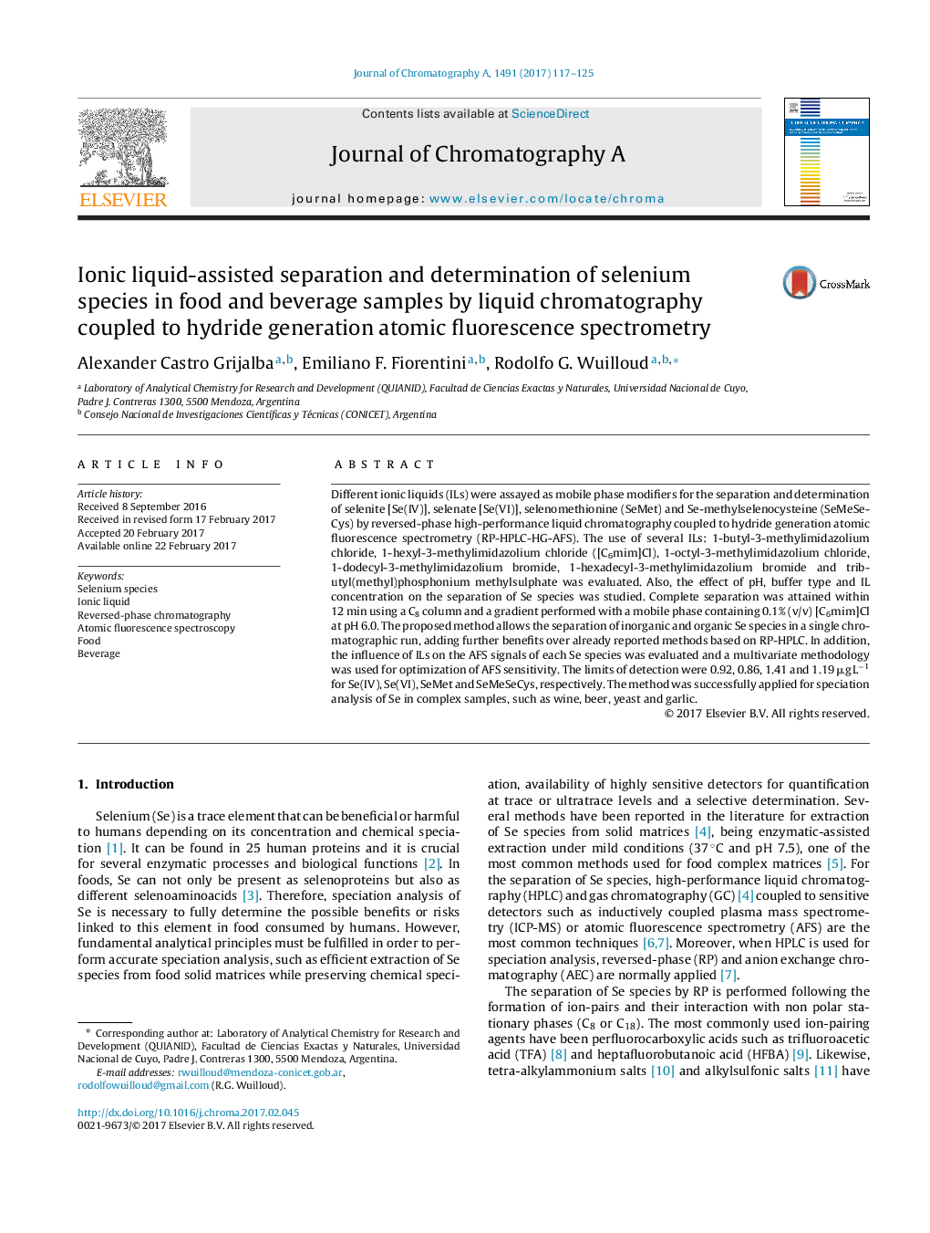 Ionic liquid-assisted separation and determination of selenium species in food and beverage samples by liquid chromatography coupled to hydride generation atomic fluorescence spectrometry