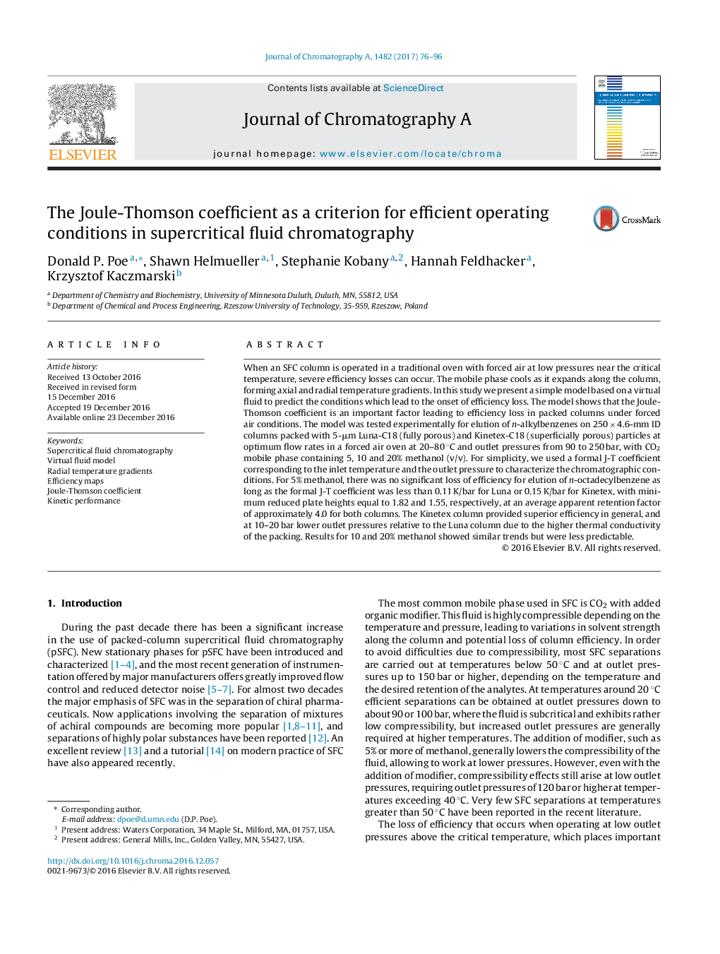 The Joule-Thomson coefficient as a criterion for efficient operating conditions in supercritical fluid chromatography