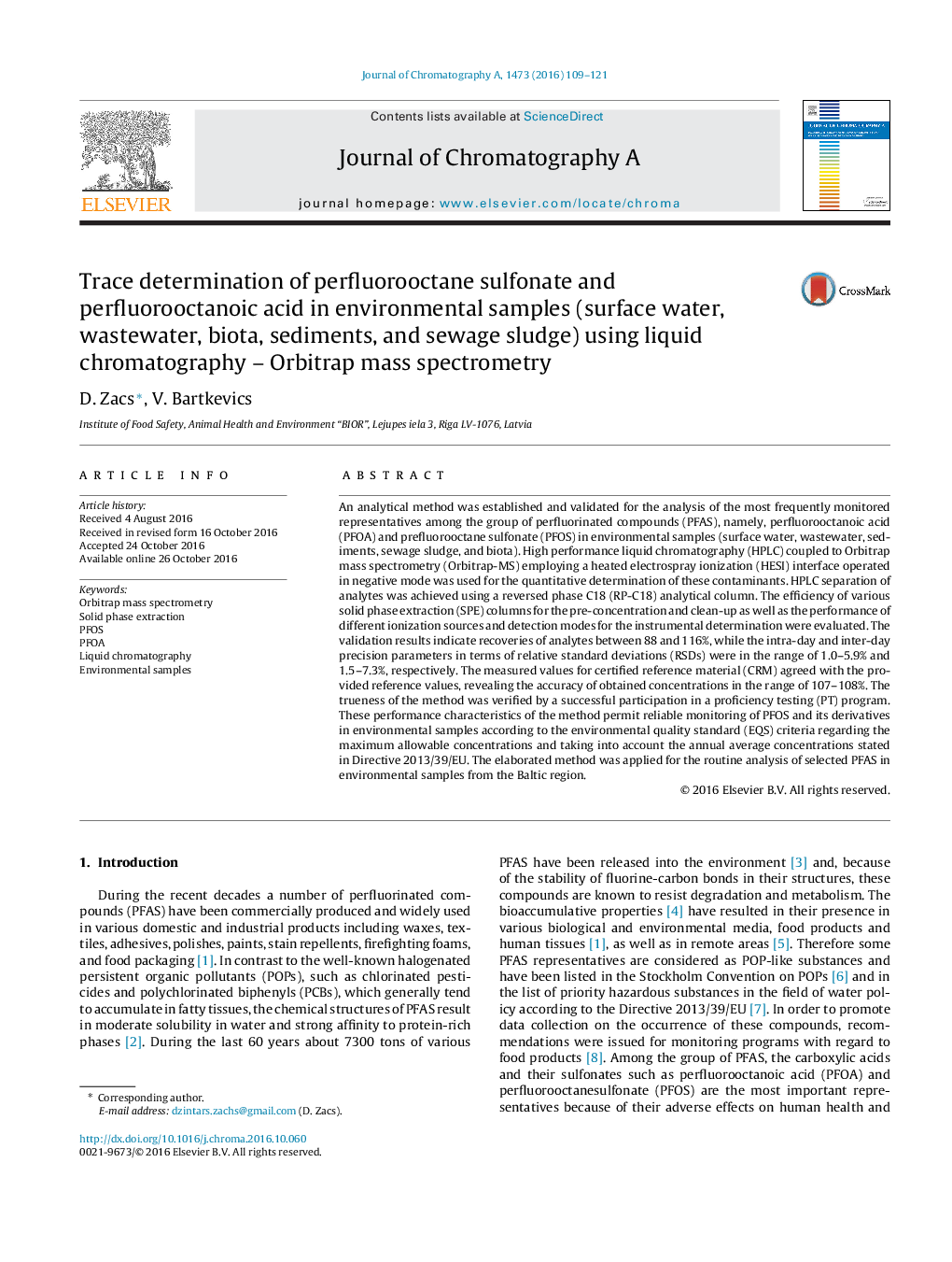 Trace determination of perfluorooctane sulfonate and perfluorooctanoic acid in environmental samples (surface water, wastewater, biota, sediments, and sewage sludge) using liquid chromatography - Orbitrap mass spectrometry