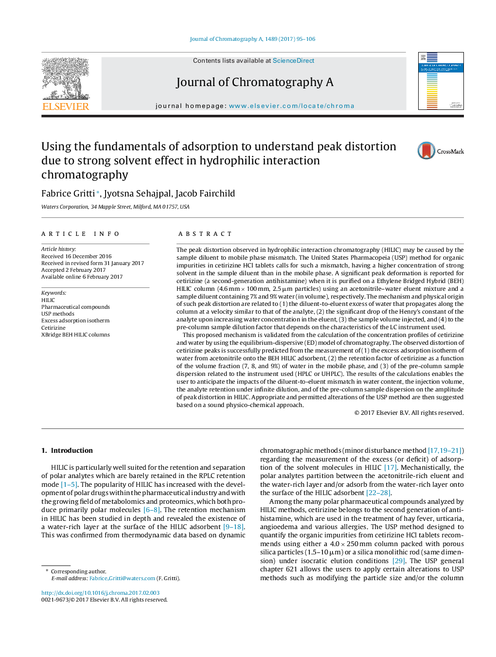 Using the fundamentals of adsorption to understand peak distortion due to strong solvent effect in hydrophilic interaction chromatography