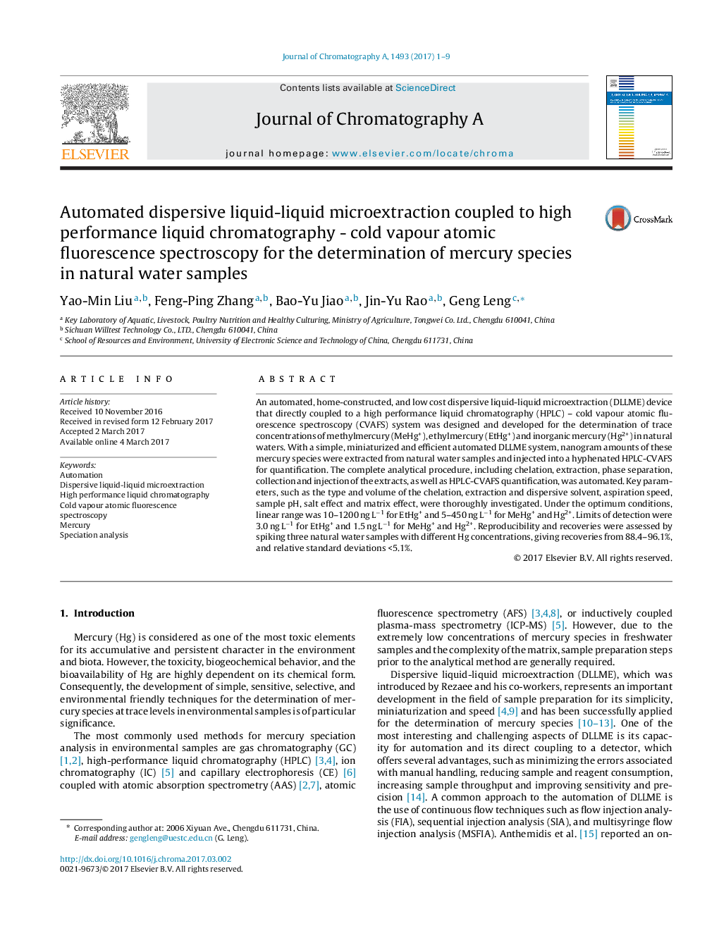 Automated dispersive liquid-liquid microextraction coupled to high performance liquid chromatography - cold vapour atomic fluorescence spectroscopy for the determination of mercury species in natural water samples