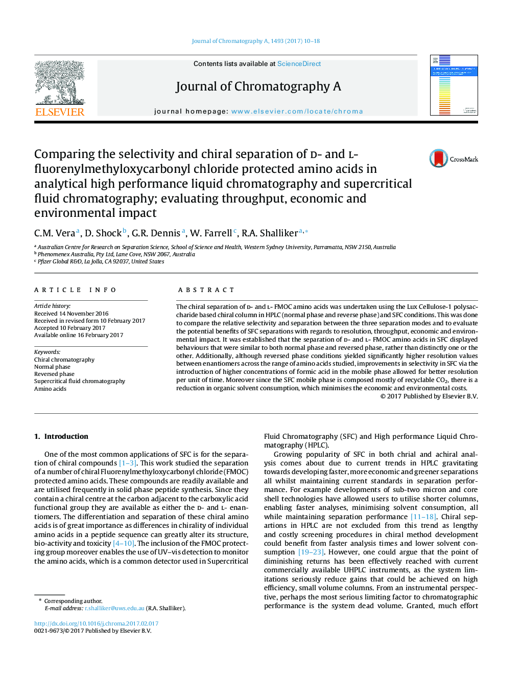 Comparing the selectivity and chiral separation of d- and l- fluorenylmethyloxycarbonyl chloride protected amino acids in analytical high performance liquid chromatography and supercritical fluid chromatography; evaluating throughput, economic and environ