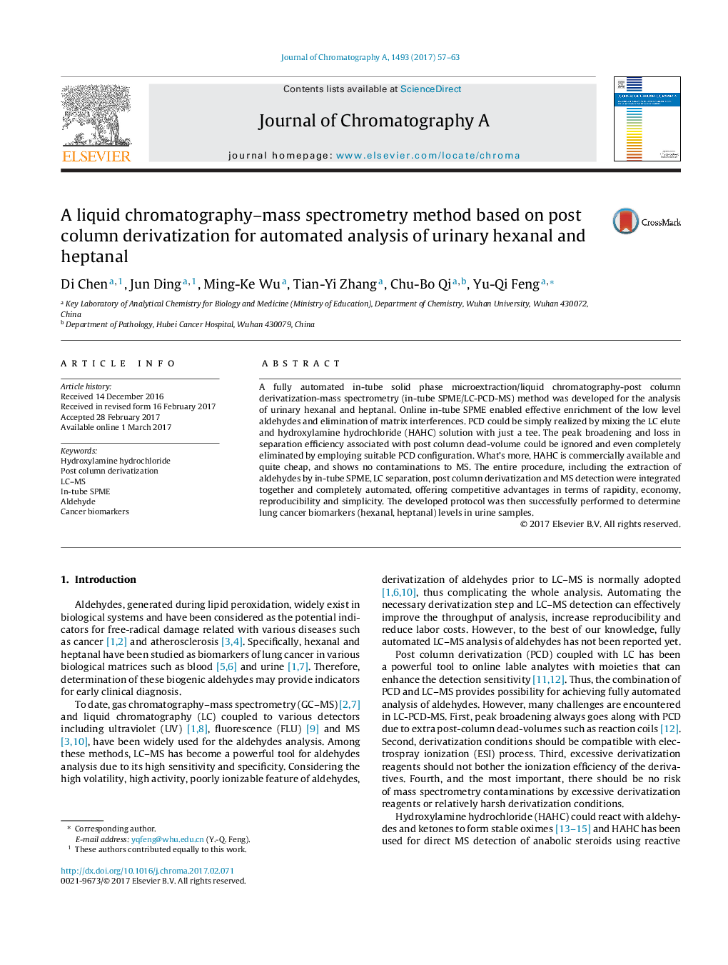 A liquid chromatography-mass spectrometry method based on post column derivatization for automated analysis of urinary hexanal and heptanal