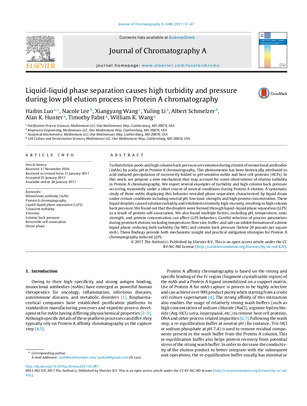 Liquid-liquid phase separation causes high turbidity and pressure during low pH elution process in Protein A chromatography