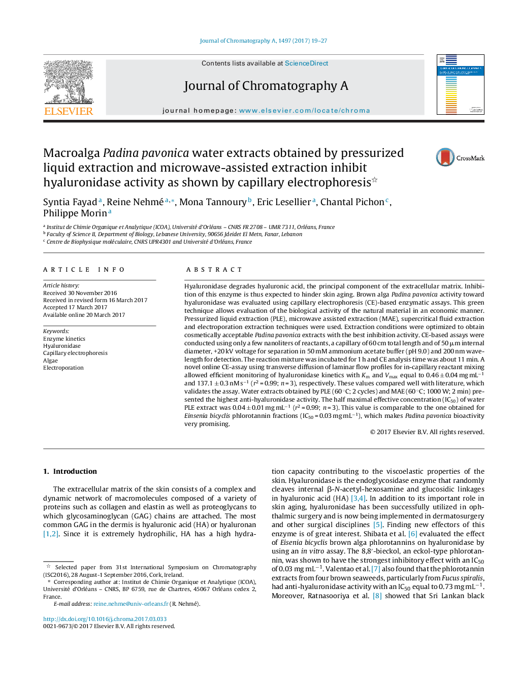 Macroalga Padina pavonica water extracts obtained by pressurized liquid extraction and microwave-assisted extraction inhibit hyaluronidase activity as shown by capillary electrophoresis