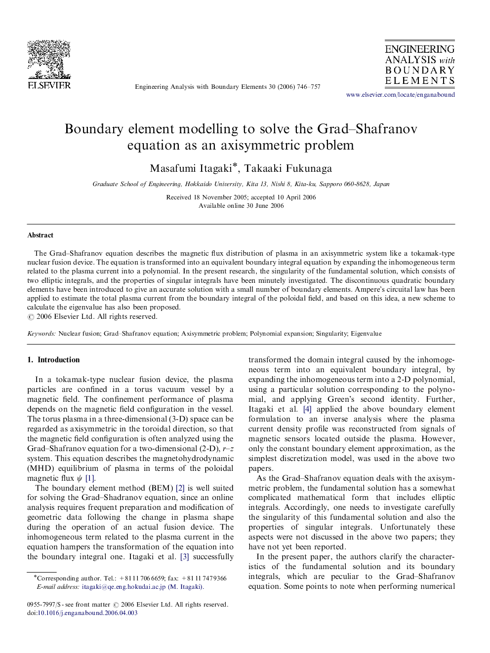 Boundary element modelling to solve the Grad–Shafranov equation as an axisymmetric problem