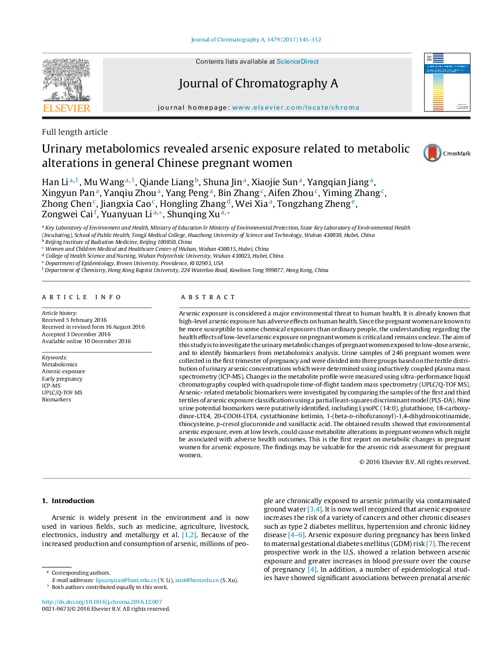 Urinary metabolomics revealed arsenic exposure related to metabolic alterations in general Chinese pregnant women