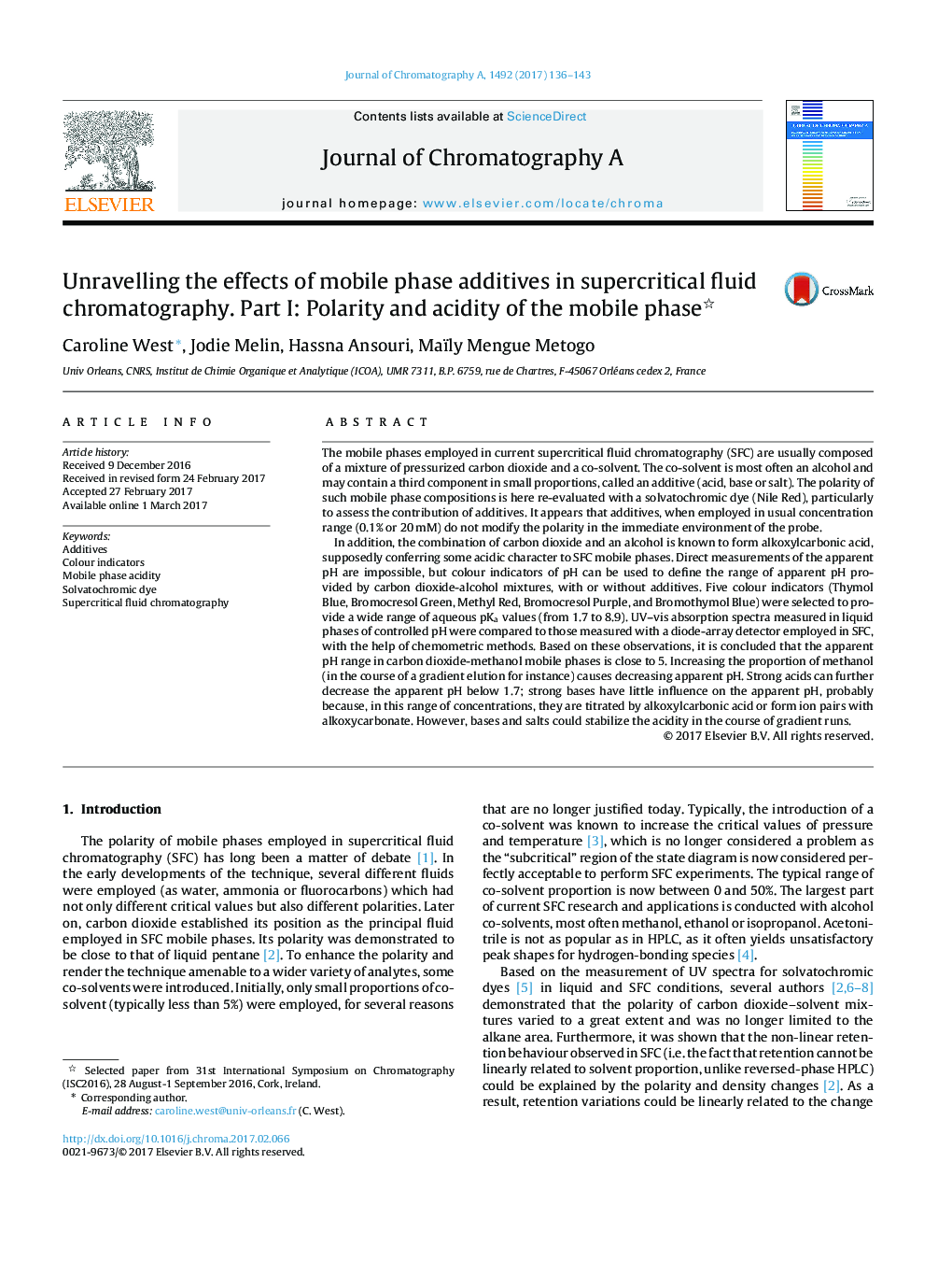 Unravelling the effects of mobile phase additives in supercritical fluid chromatography. Part I: Polarity and acidity of the mobile phase