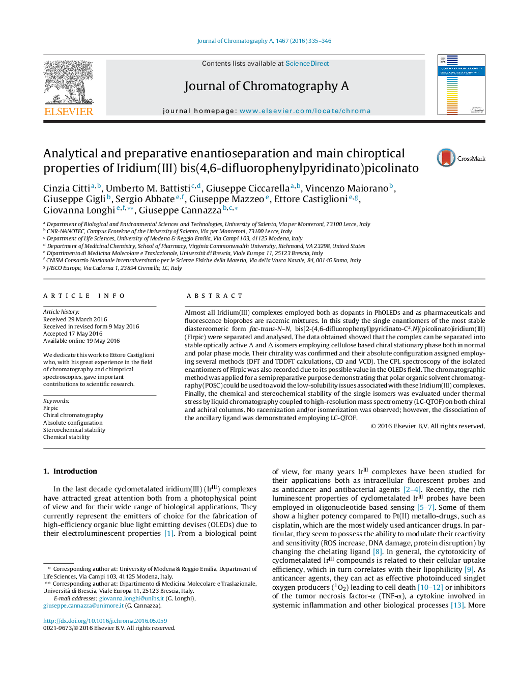 Analytical and preparative enantioseparation and main chiroptical properties of Iridium(III) bis(4,6-difluorophenylpyridinato)picolinato