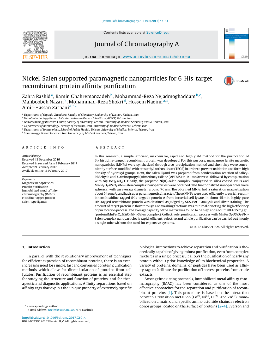 Nickel-Salen supported paramagnetic nanoparticles for 6-His-target recombinant protein affinity purification