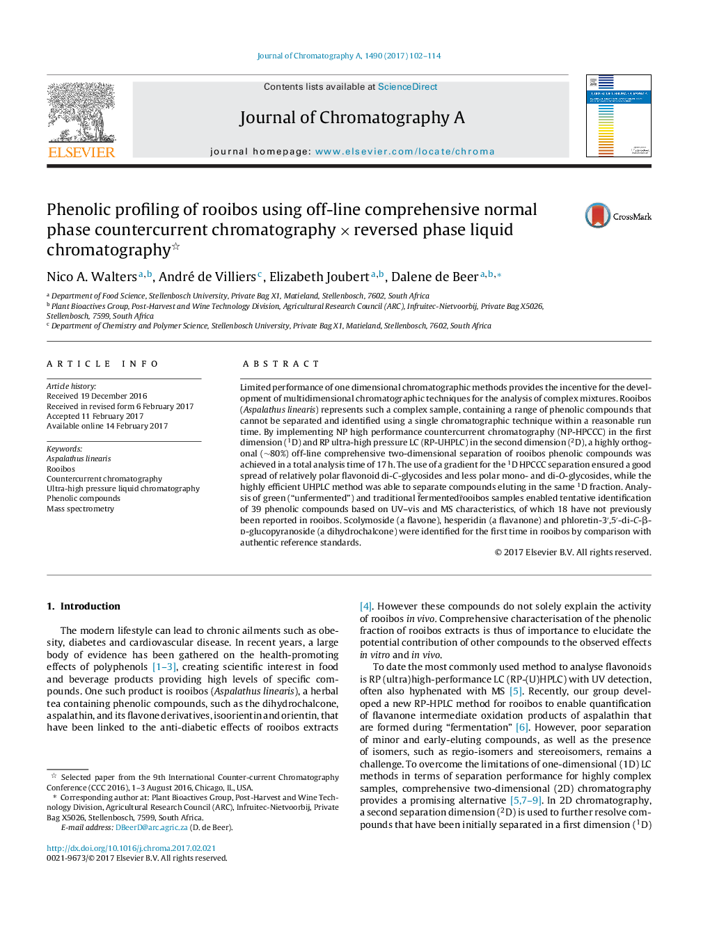 Phenolic profiling of rooibos using off-line comprehensive normal phase countercurrent chromatographyÂ ÃÂ reversed phase liquid chromatography