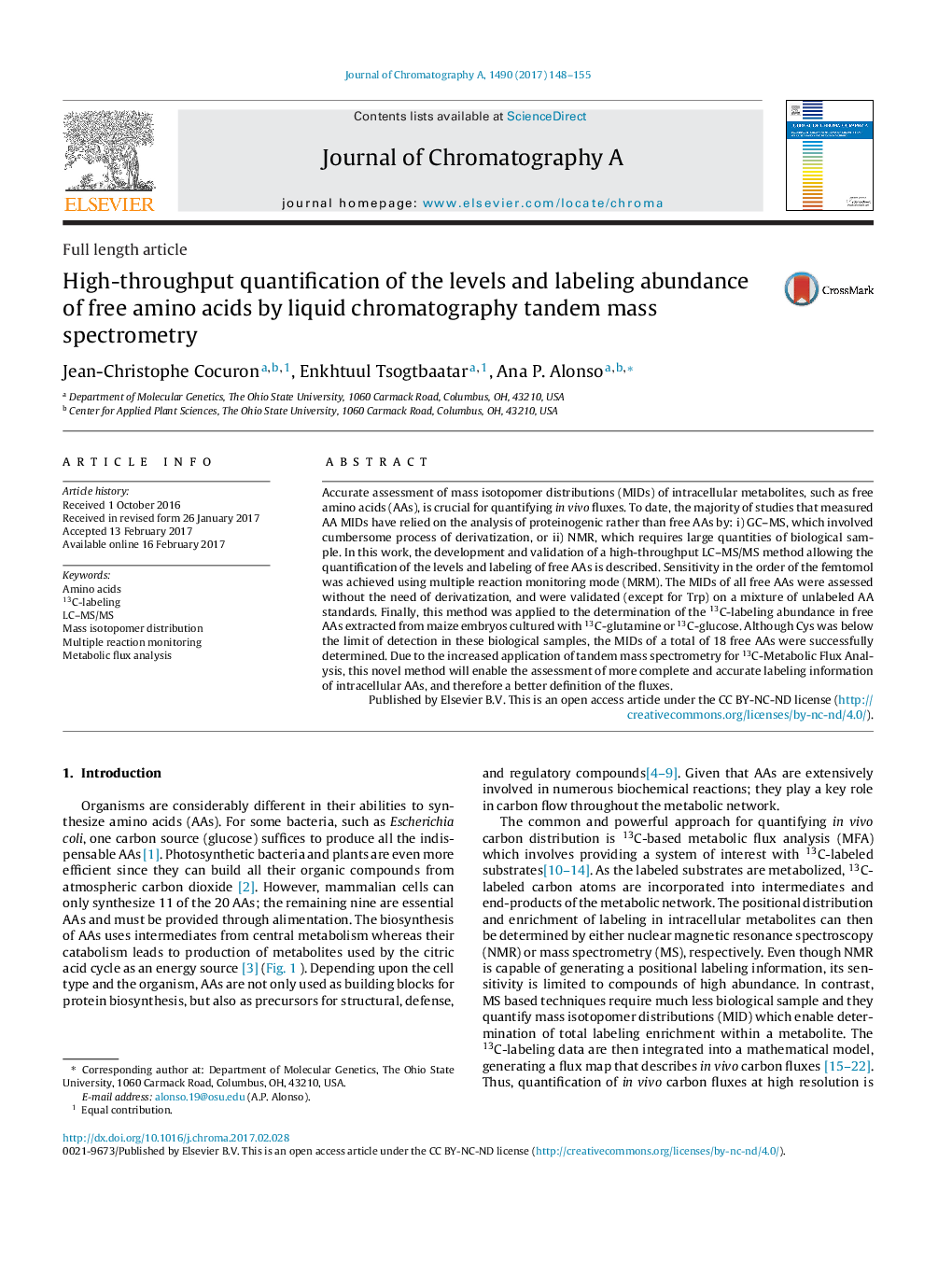 High-throughput quantification of the levels and labeling abundance of free amino acids by liquid chromatography tandem mass spectrometry