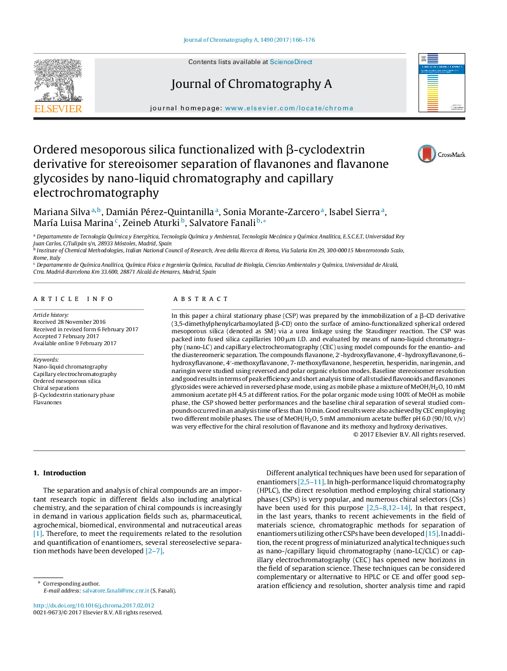 Ordered mesoporous silica functionalized with Î²-cyclodextrin derivative for stereoisomer separation of flavanones and flavanone glycosides by nano-liquid chromatography and capillary electrochromatography