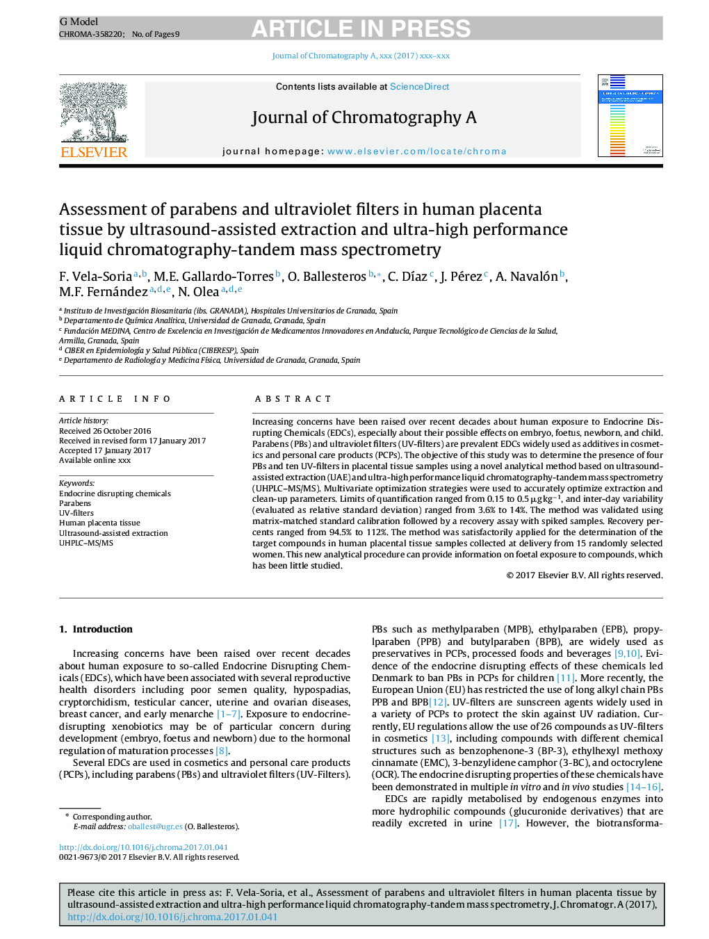 Assessment of parabens and ultraviolet filters in human placenta tissue by ultrasound-assisted extraction and ultra-high performance liquid chromatography-tandem mass spectrometry