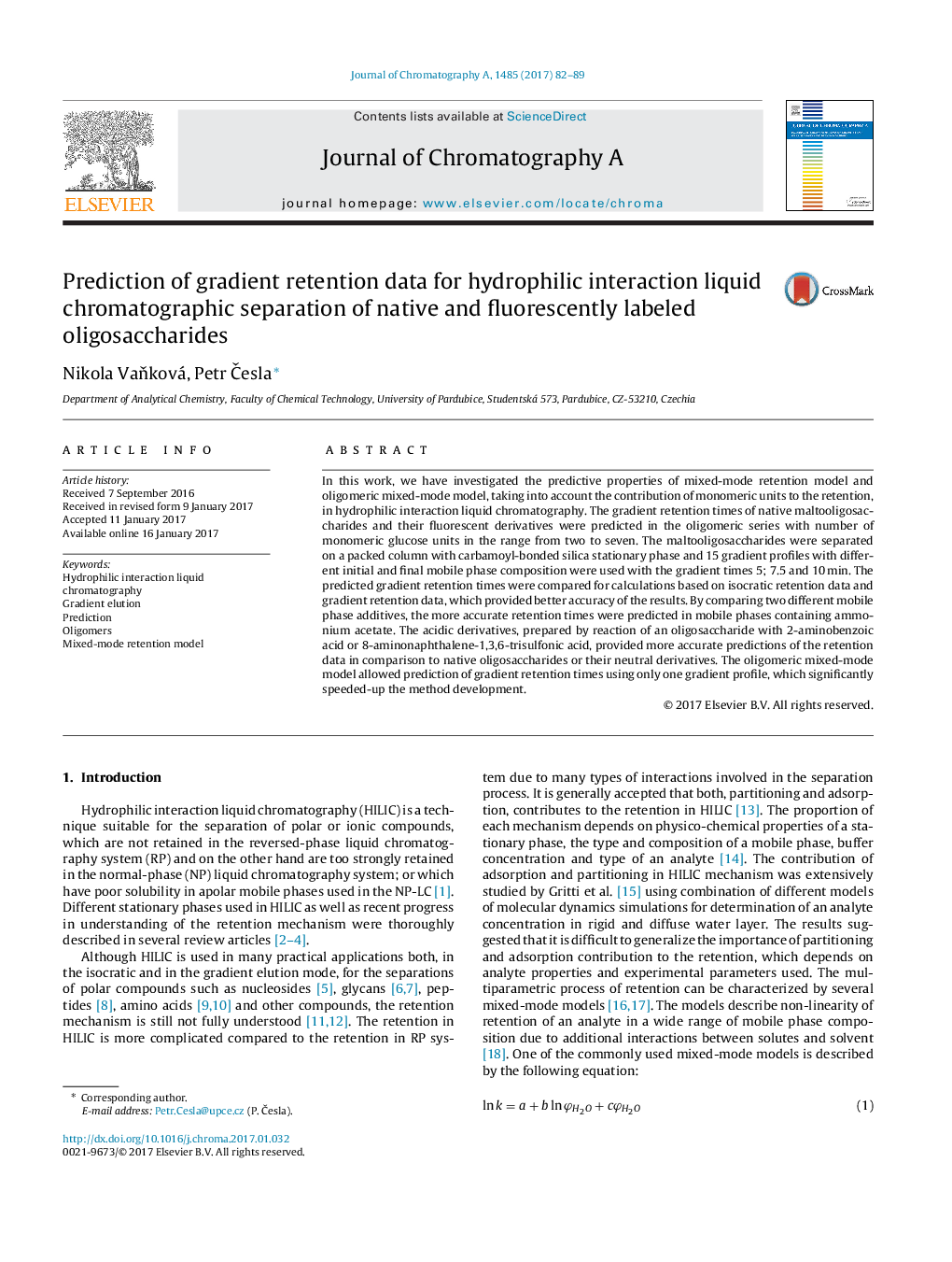 Prediction of gradient retention data for hydrophilic interaction liquid chromatographic separation of native and fluorescently labeled oligosaccharides