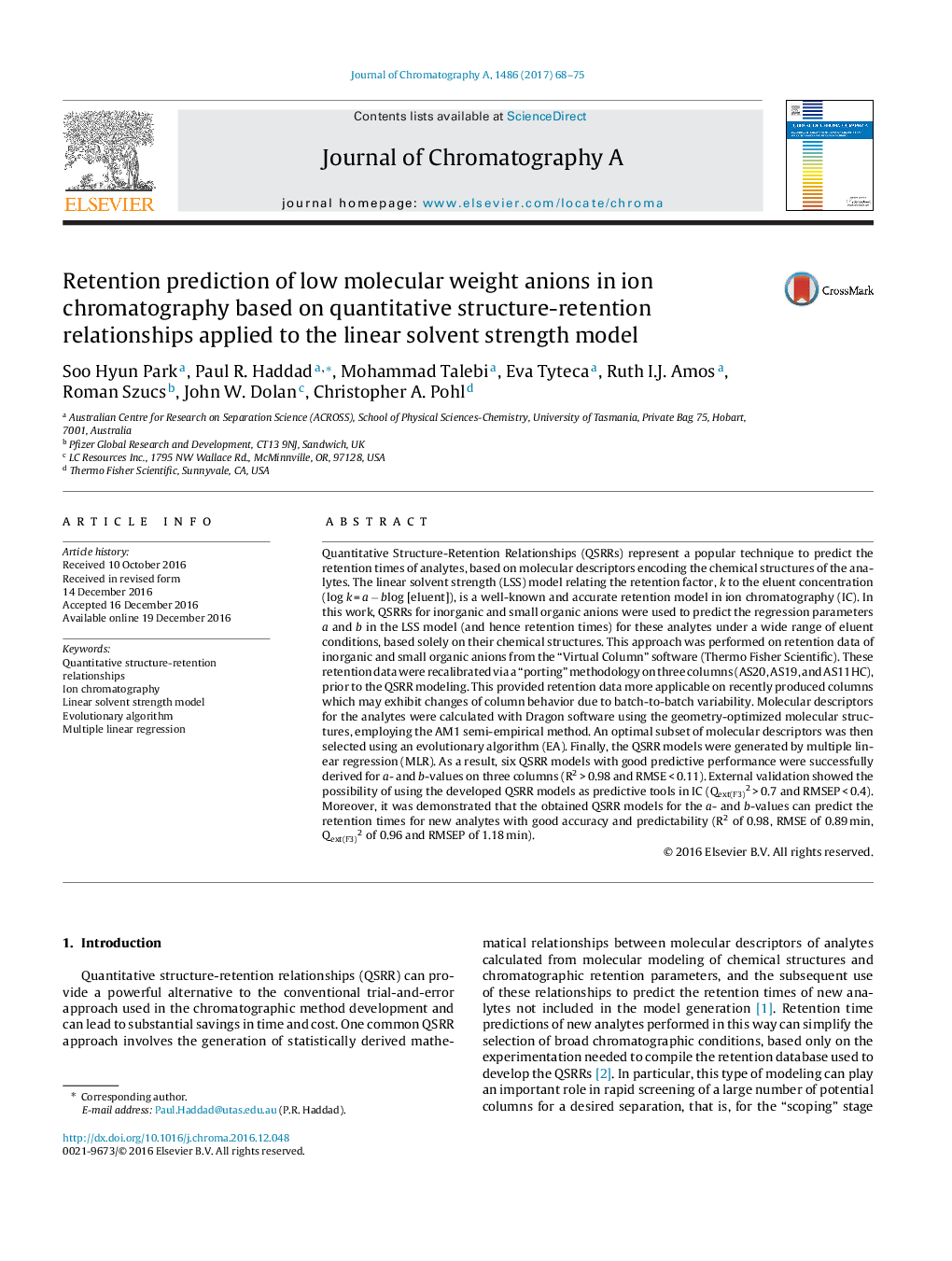 عکس صفحه اول مقاله: Retention prediction of low molecular weight anions in ion chromatography based on quantitative structure-retention relationships applied to the linear solvent strength model Retention prediction of low molecular weight anions in ion chromatography based on quantitative structure-retention relationships applied to the linear solvent strength model