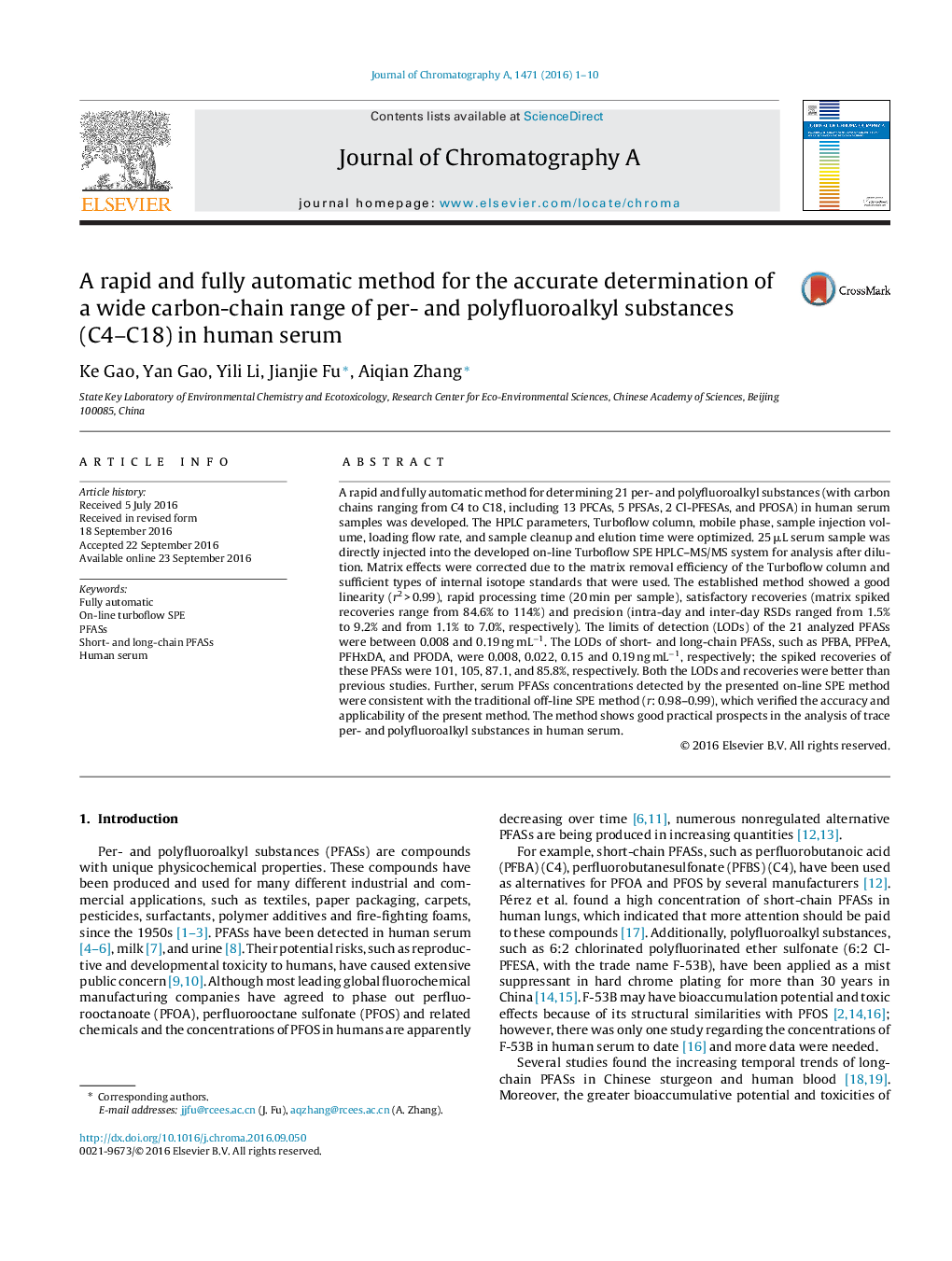 A rapid and fully automatic method for the accurate determination of a wide carbon-chain range of per- and polyfluoroalkyl substances (C4-C18) in human serum