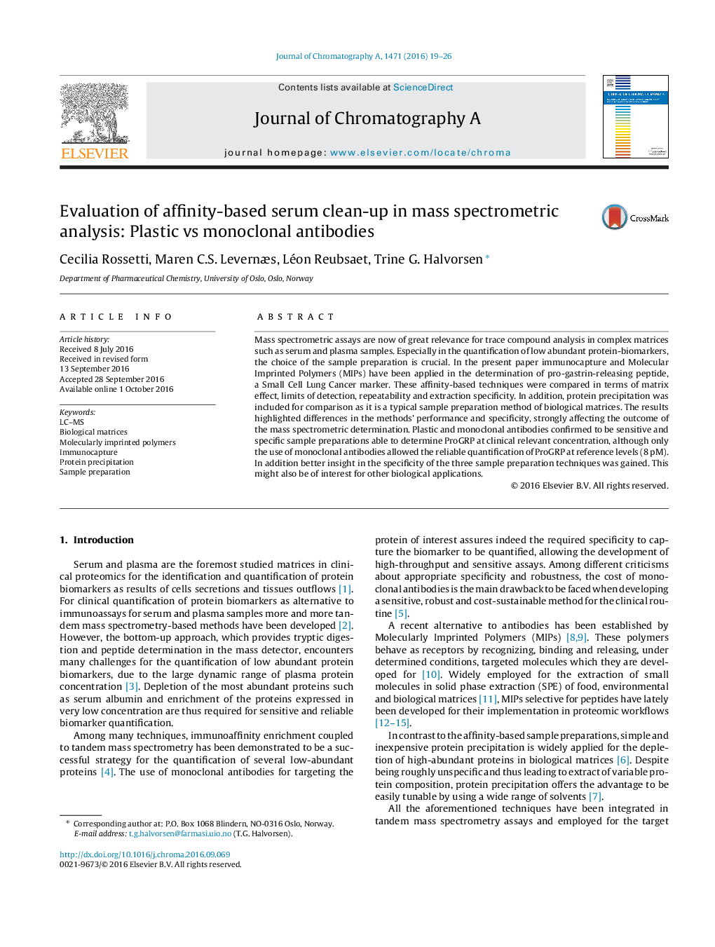 Evaluation of affinity-based serum clean-up in mass spectrometric analysis: Plastic vs monoclonal antibodies