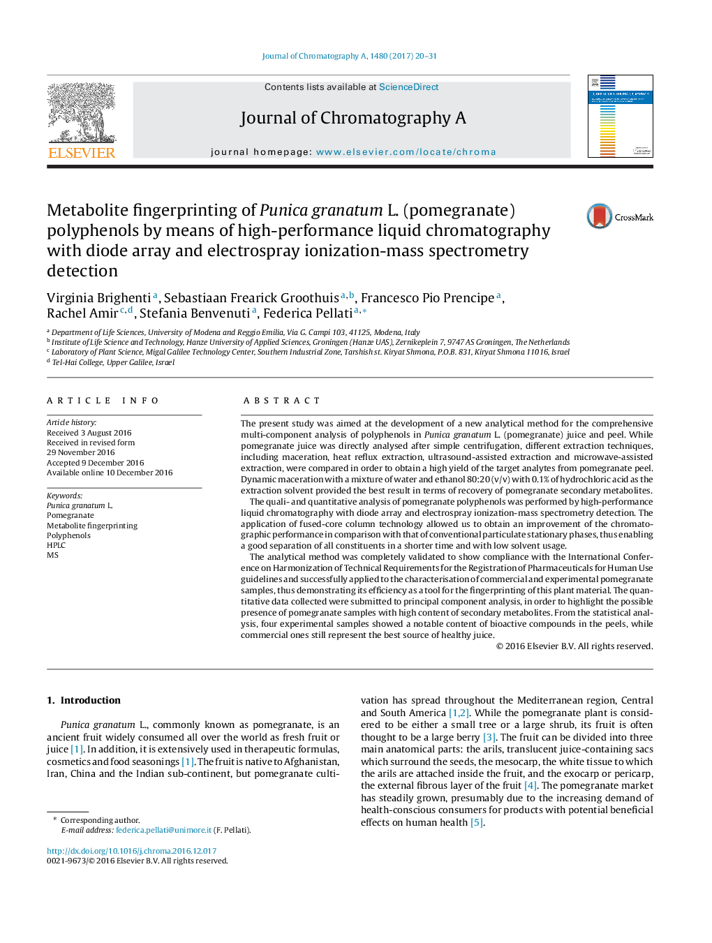 Metabolite fingerprinting of Punica granatum L. (pomegranate) polyphenols by means of high-performance liquid chromatography with diode array and electrospray ionization-mass spectrometry detection