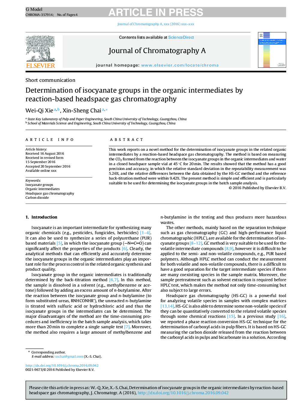 Determination of isocyanate groups in the organic intermediates by reaction-based headspace gas chromatography