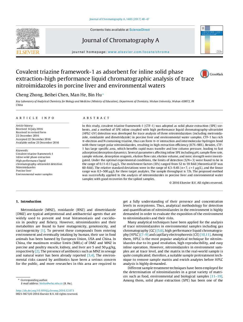 Covalent triazine framework-1 as adsorbent for inline solid phase extraction-high performance liquid chromatographic analysis of trace nitroimidazoles in porcine liver and environmental waters