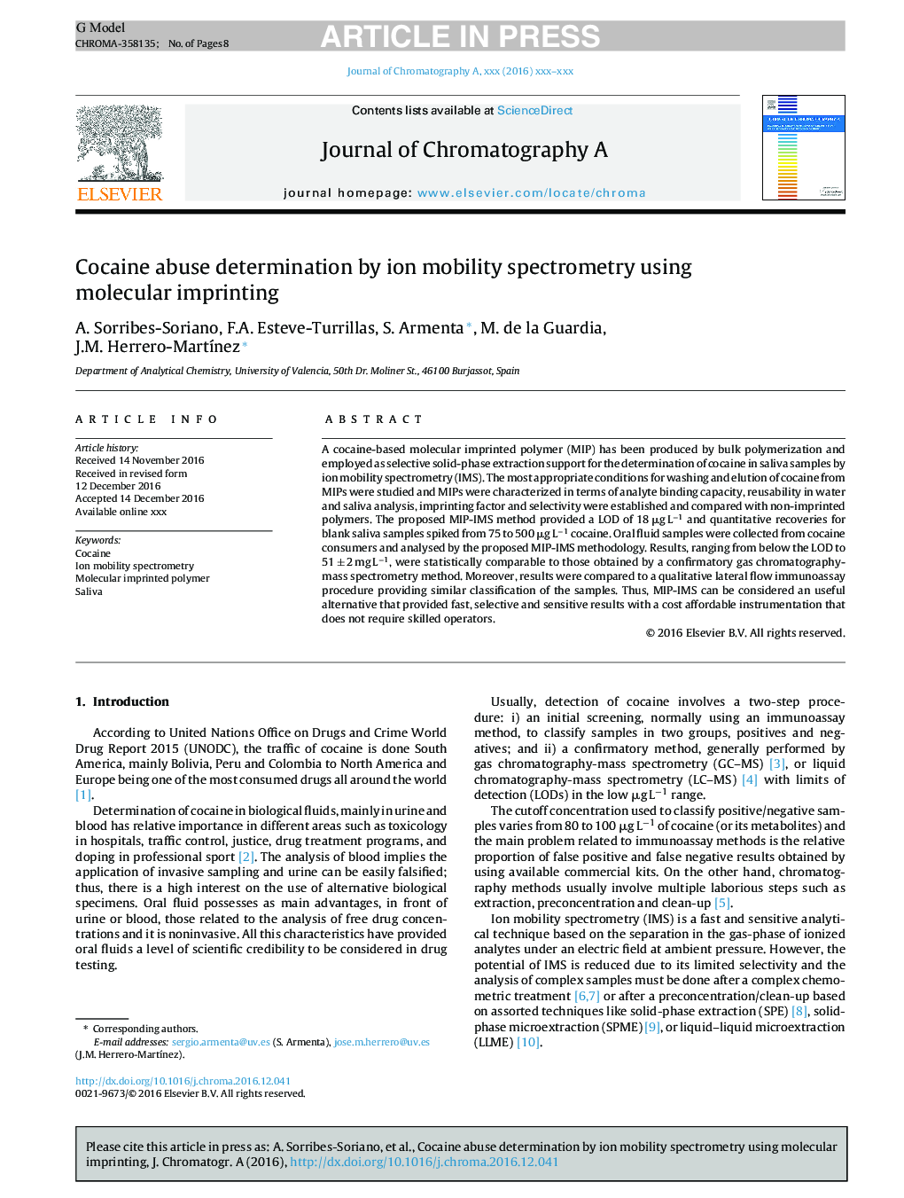 Cocaine abuse determination by ion mobility spectrometry using molecular imprinting